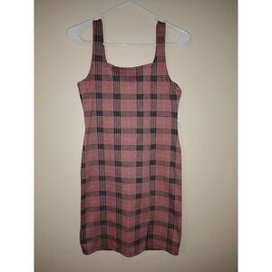 Popular Basics Pink Plaid Square Neck Sleeveless Mini Dress Women's L